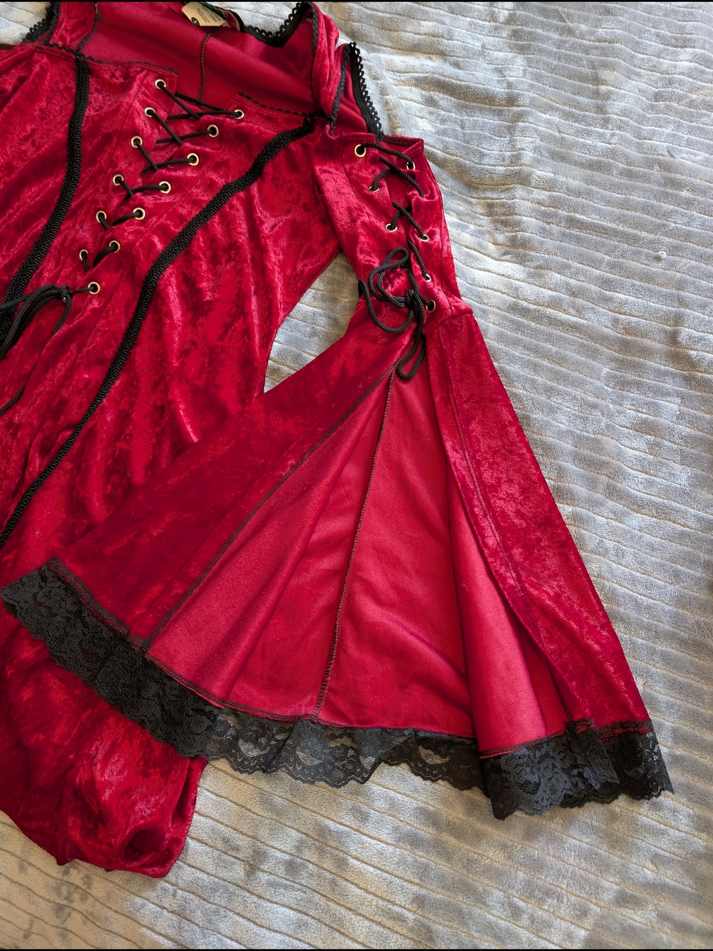 Red Velvet Lace-Up Women's Cold Shoulder Top With Bell Sleeves - Picture 4 of 11